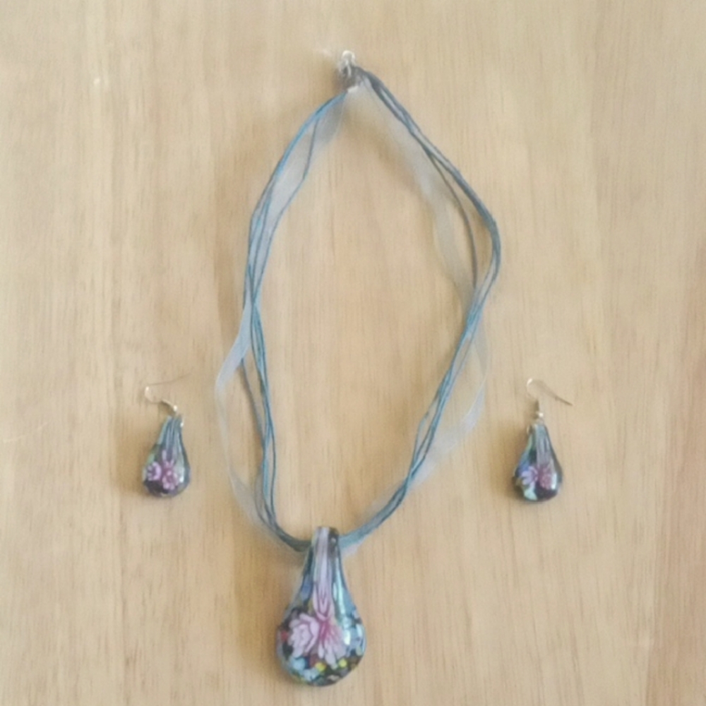 Blue and Pink Artisan Glass Teardrop Necklace & Earrings